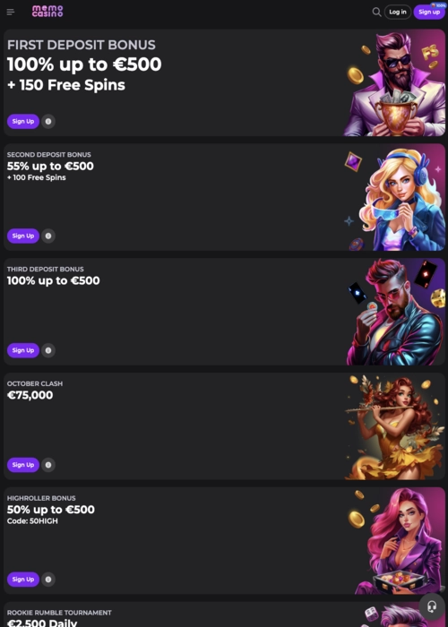 Premium rewards promotions display Memo Casino