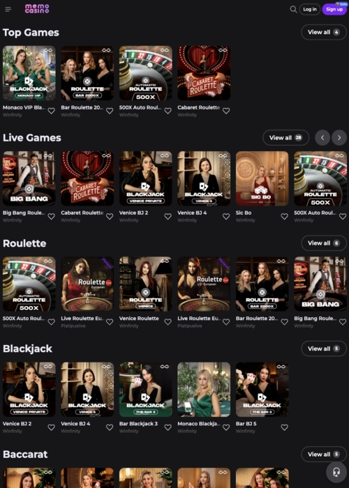 Memo Casino portable app software: game selection on mobile