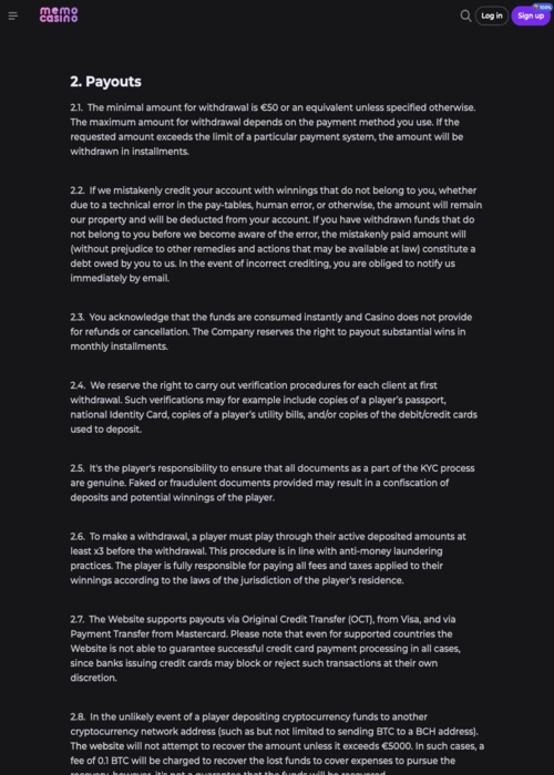 Quick payout cashout methods Memo Casino